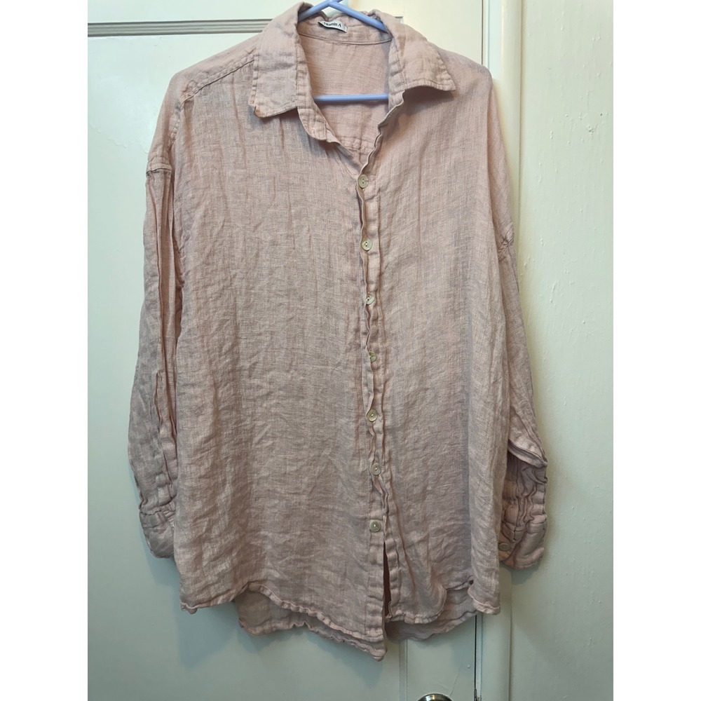 Vitamin A Womens Pink 100% Linen Button Down Oversized Shirt Cover Up Medium